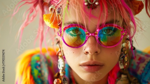 A woman with bright pink hair wearing colorful sunglasses, AI