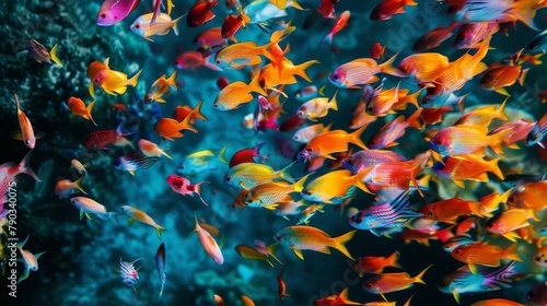 Tropical fish parade  A procession of brightly colored fish swims in formation through the ocean  their synchronized movements a mesmerizing spectacle.