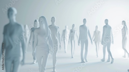Silhouettes of diverse people walking in group, with blue overexposed effect photo