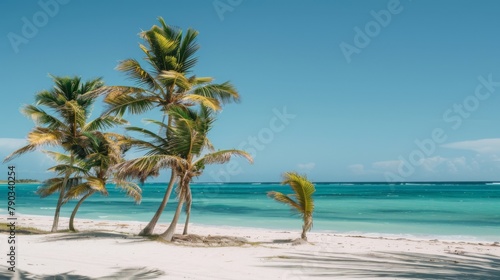 Tropical paradise: Palm trees sway in the breeze on a pristine tropical beach, where turquoise waters meet white sandy shores.