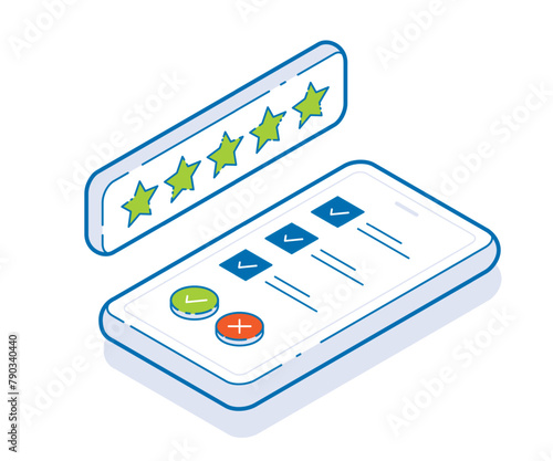 Online survey isometric vector concept. Putting check mark on checklist on smartphone. Survey from filling. Business organization and planning concept. Flat isometric Illustration.