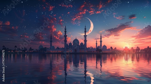 Mosques Dome on dark blue twilight sky and Crescent Moon on background