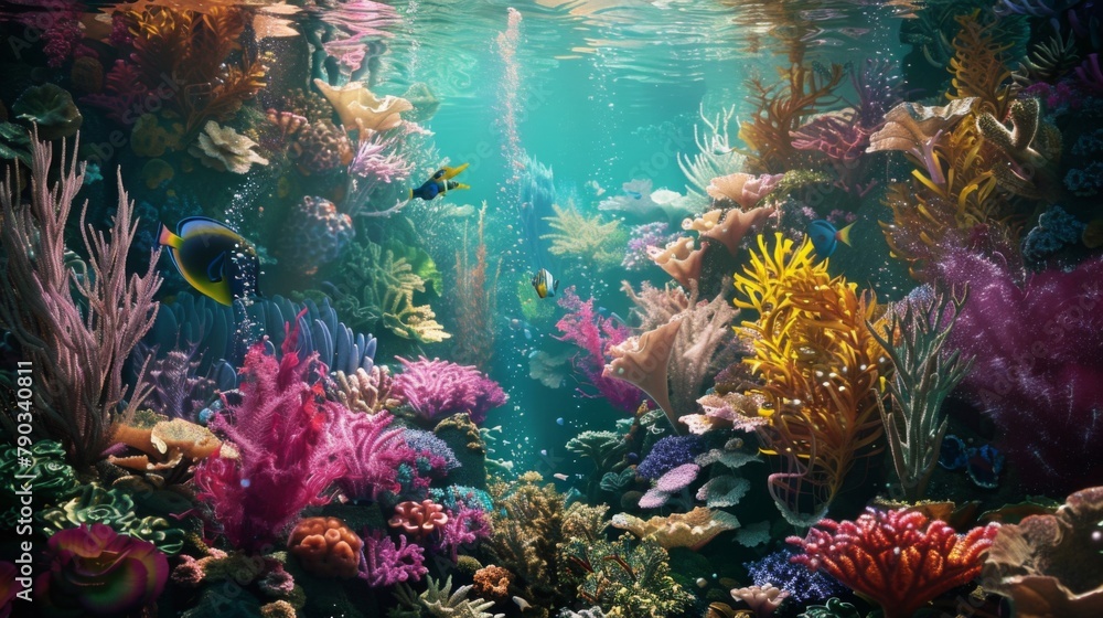 Tropical sea garden: An underwater garden of colorful coral and exotic marine plants creates a mesmerizing backdrop for a thriving ecosystem.