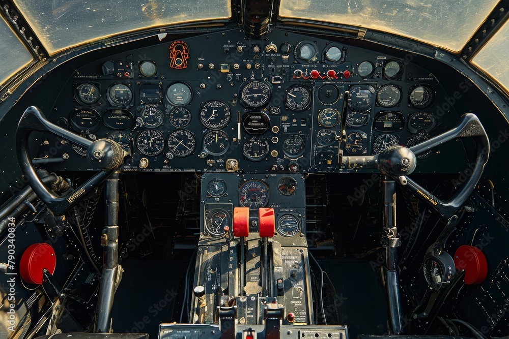 This photo captures the cockpit of an airplane, showcasing the ...