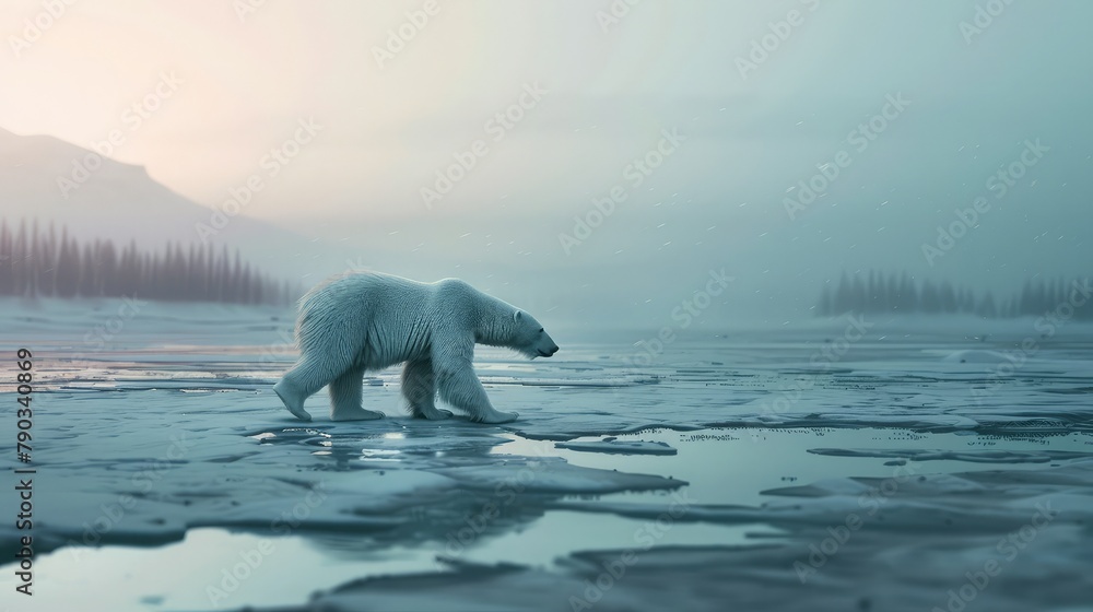 A regal polar bear prowling across the frozen tundra, its thick fur glistening in the soft glow of the Arctic twilight as it searches for prey amidst the vast expanse of ice and snow.