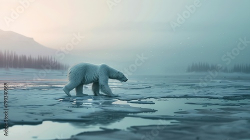 A regal polar bear prowling across the frozen tundra, its thick fur glistening in the soft glow of the Arctic twilight as it searches for prey amidst the vast expanse of ice and snow. photo