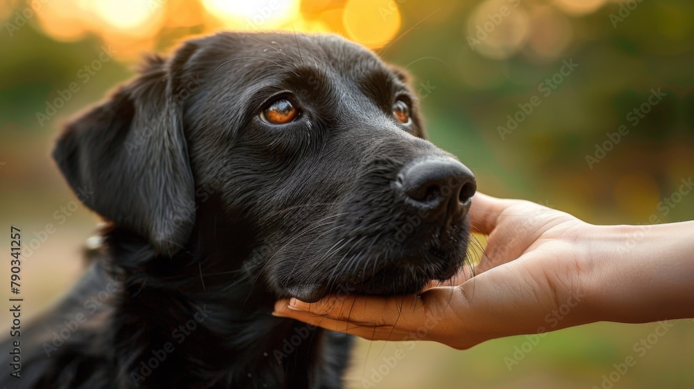 A black dog with its head in a person's hand, AI A black dog with its head in a person's hand, AI