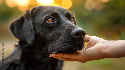A black dog with its head in a person's hand, AI