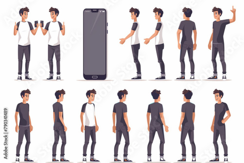 Set of male character in various poses and actions. Happy guy gesticulates, poses, points to a huge smartphone 3D avatars set vector icon, white background, black colour icon photo