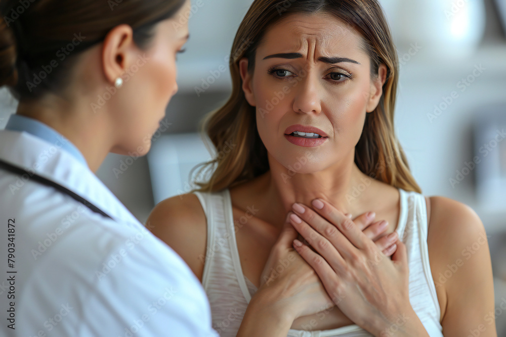 Concerned Woman Seeking Medical Consultation for Chest Pain at Healthcare Clinic Concerned Woman Seeking Medical Consultation for Chest Pain at Healthcare Clinic
