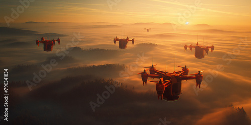 Moderne Drohnen Luftfahrzeuge zur Personenbeförderung fliegen in der Luft, ai generativ photo