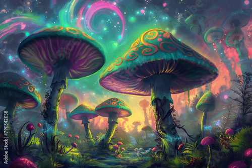 Mystical Glowing Psychedelic Mushrooms Fantasy Drawing
