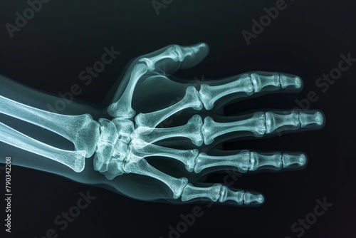 This photo shows an x-ray image of a human skeletons hand, revealing the intricate structure of the bones, Detailed view of the human hand in X-ray, AI Generated
