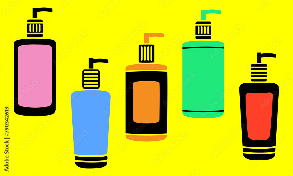 Icon set. Black silhouettes of bottles with a dispenser with gel, foam, soap. Sanitizer icons with color inserts Icon set. Black silhouettes of bottles with a dispenser with gel, foam, soap. Sanitizer icons with color inserts