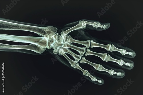This is an x-ray image that provides a clear view of the internal structure of a human hand, Detailed X-ray of the fingers, AI Generated photo