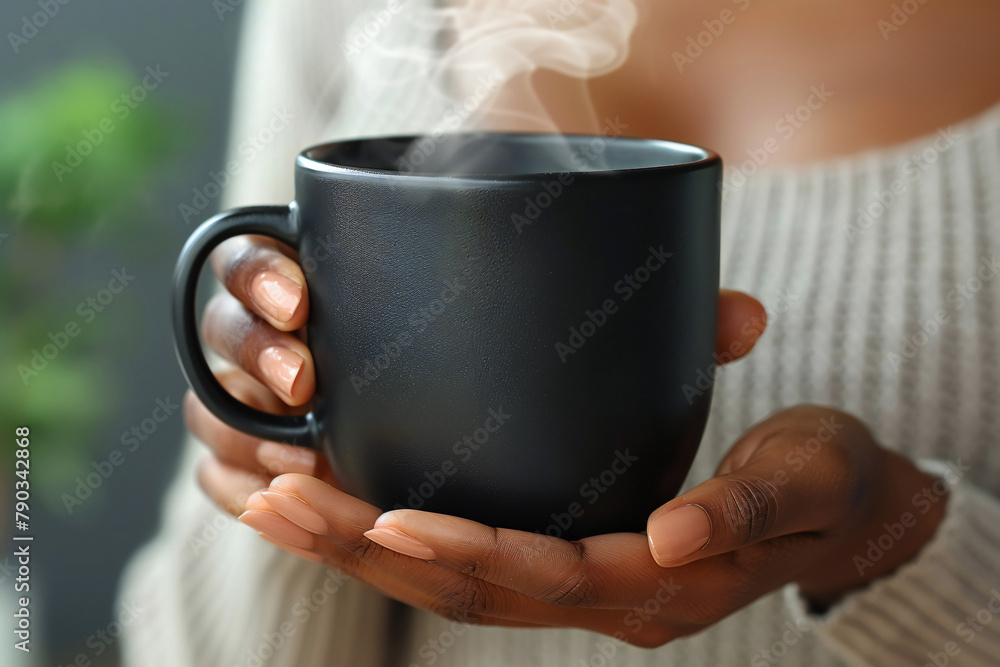 Detailed View of a Black Woman's Hands Gently Holding a Steaming Cup of Coffee Detailed View of a Black Woman's Hands Gently Holding a Steaming Cup of Coffee