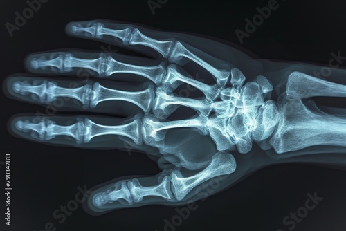 This photo captures an x-ray image of a human skeletons hand, revealing the intricate details of the bones, Detailed X-ray of the fingers, AI Generated