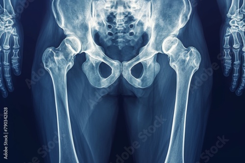 This photo displays a detailed x-ray image of a human skeleton, highlighting the structural elements of the body, Detailed X-ray of the hips and lower back, AI Generated photo