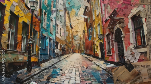 Street in colorful newspaper scraps style