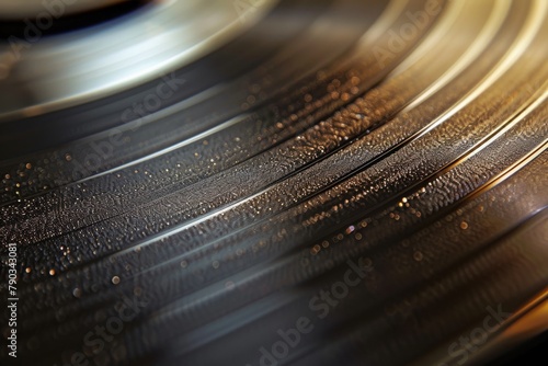 A detailed view of the turntable of a record player, showing the rotating vinyl disc and the needle tracking along its grooves, Details of a vinyl record groove at high magnification, AI Generated photo