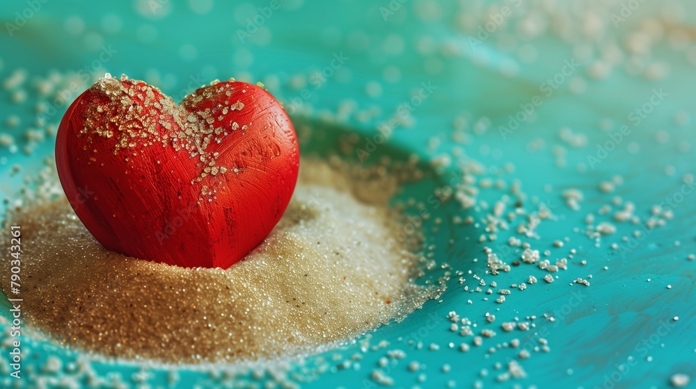 Obraz premium Artistic Representation of International Cardiology Day with a Heart in Sand on a Turquoise Background, Emphasizing Charity and Care