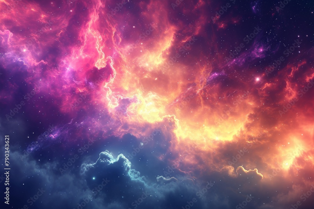 Vibrant Sky Filled With Clouds and Stars, Digital illustration of a vibrant nebula viewed from alien planet surface, AI Generated