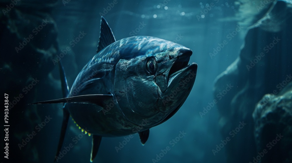 Fototapeta premium A large fish swimming in the water with some rocks behind it, AI