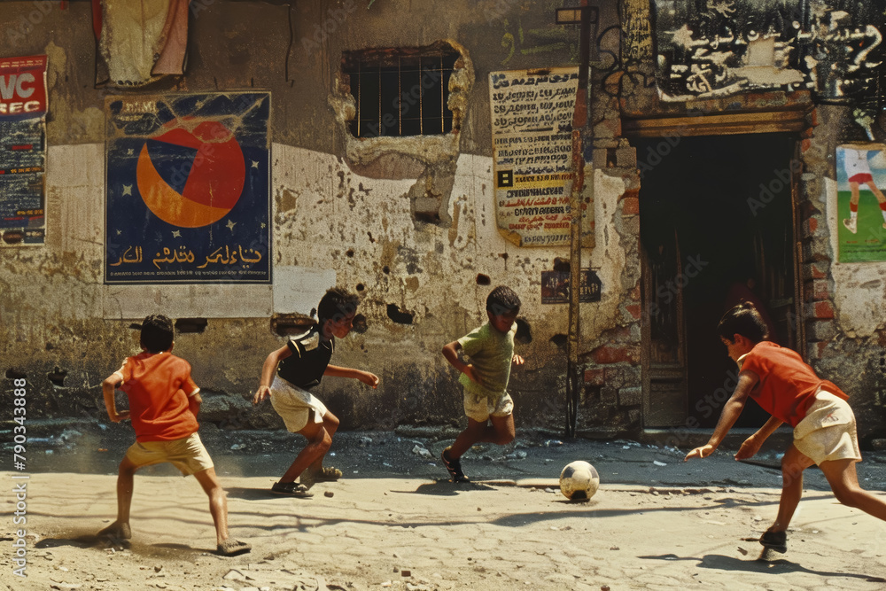 Children Playing Soccer in Rustic Alleyway Scene