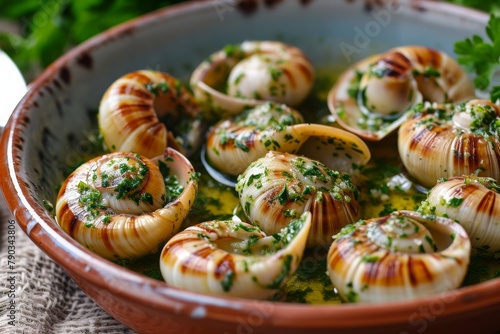 A bowl containing a diverse selection of snails, showcasing the different shapes, sizes, and colors of the species, Dish of exotic Escargot with garlic herb butter, AI Generated © Ifti Digital