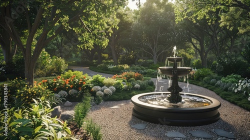 A serene and tranquil backyard garden with a bubbling fountain and winding pathways,