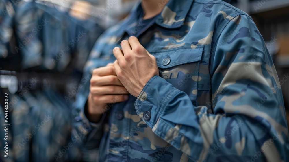 Fototapeta premium A man in blue uniform adjusting his shirt while standing, AI
