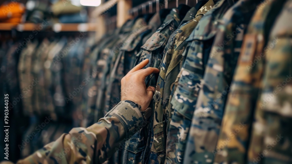 A person is looking at a rack of camouflage clothing, AI
