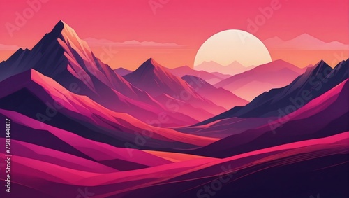 Abstract minimalistic background with mountains and hills at sunset or sunrise in magenta and coral tones.