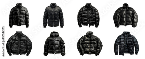 Stylish collection of black puffer jackets cut out png on transparent background