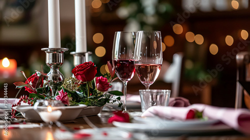 Festive table setting  with cutlery  candles and beautiful red flowers in vase