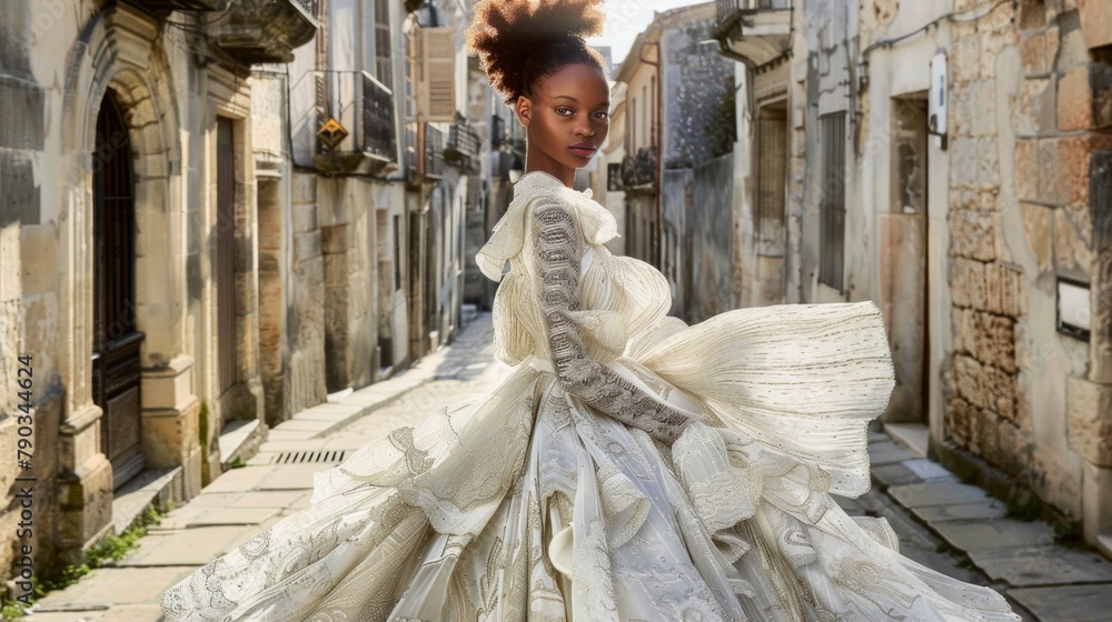 A stunning mulatto woman gracefully walks down a serene street, dressed in a flowing white gown, exuding elegance and poise.