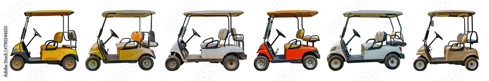 Lineup of colorful golf carts cut out png on transparent background
