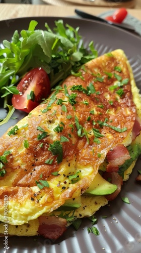 Gourmet omelette with fresh avocado and bacon served alongside a vegetable salad