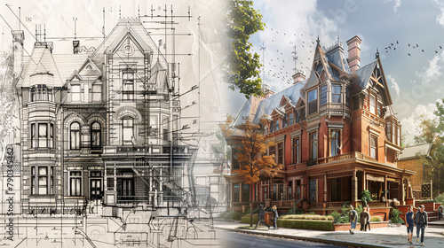 Victorian Architectural Blueprint to Reality Transition, Evolution of Victorian Townhouse from Sketch to Structure Victorian-Era Facade Development: Blueprint to Building