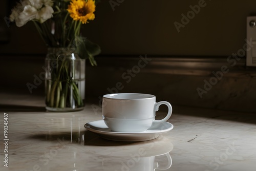 Elegant white cup and saucer grace a polished marble countertop