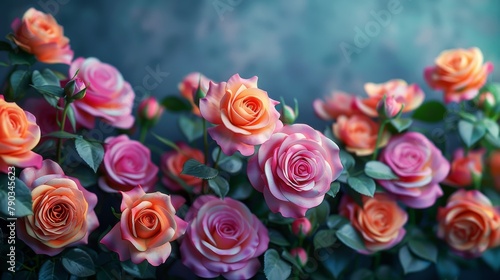 Gorgeous rose blooms captured in various shades of pink and orange amidst a serene  cool blue background setting