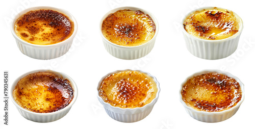 Variety of creme brulee in white ramekins cut out png on transparent background