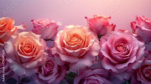 A stunning visual of pink roses in full bloom against a soothing gradient pink to white background