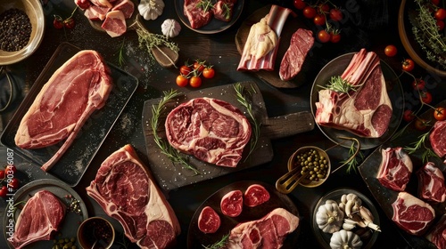 An array of raw meats including steaks, ribs, and chops, staged artistically on a dark rustic background with herbs and spices photo