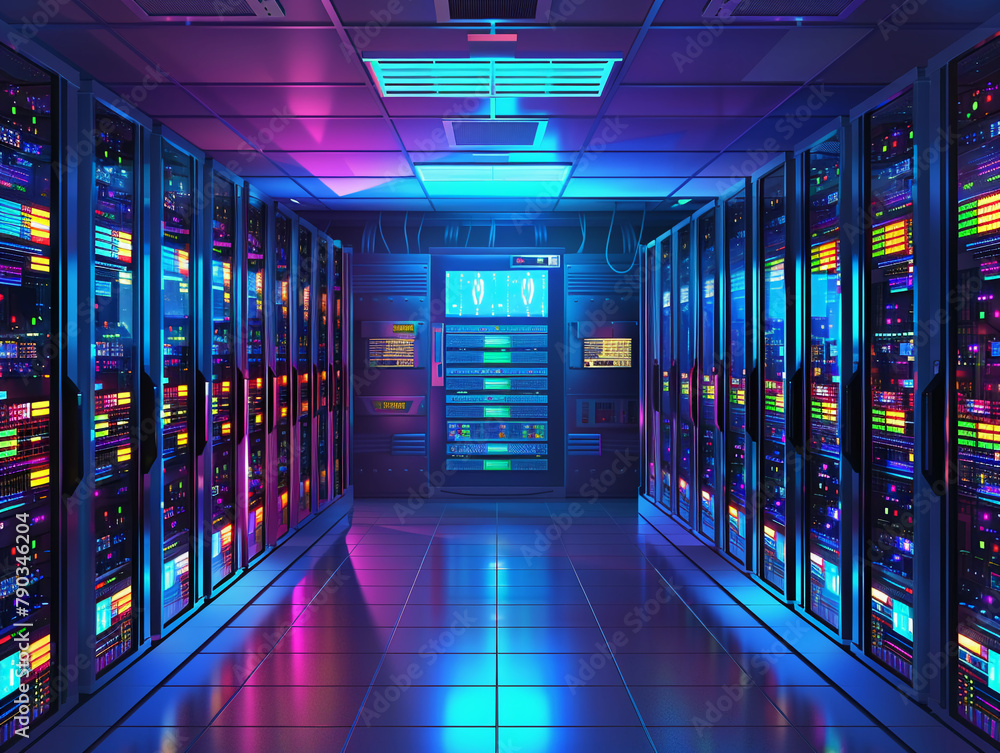 High-tech server room, data center, 3D vector graphics High-tech server room, data center, 3D vector graphics
