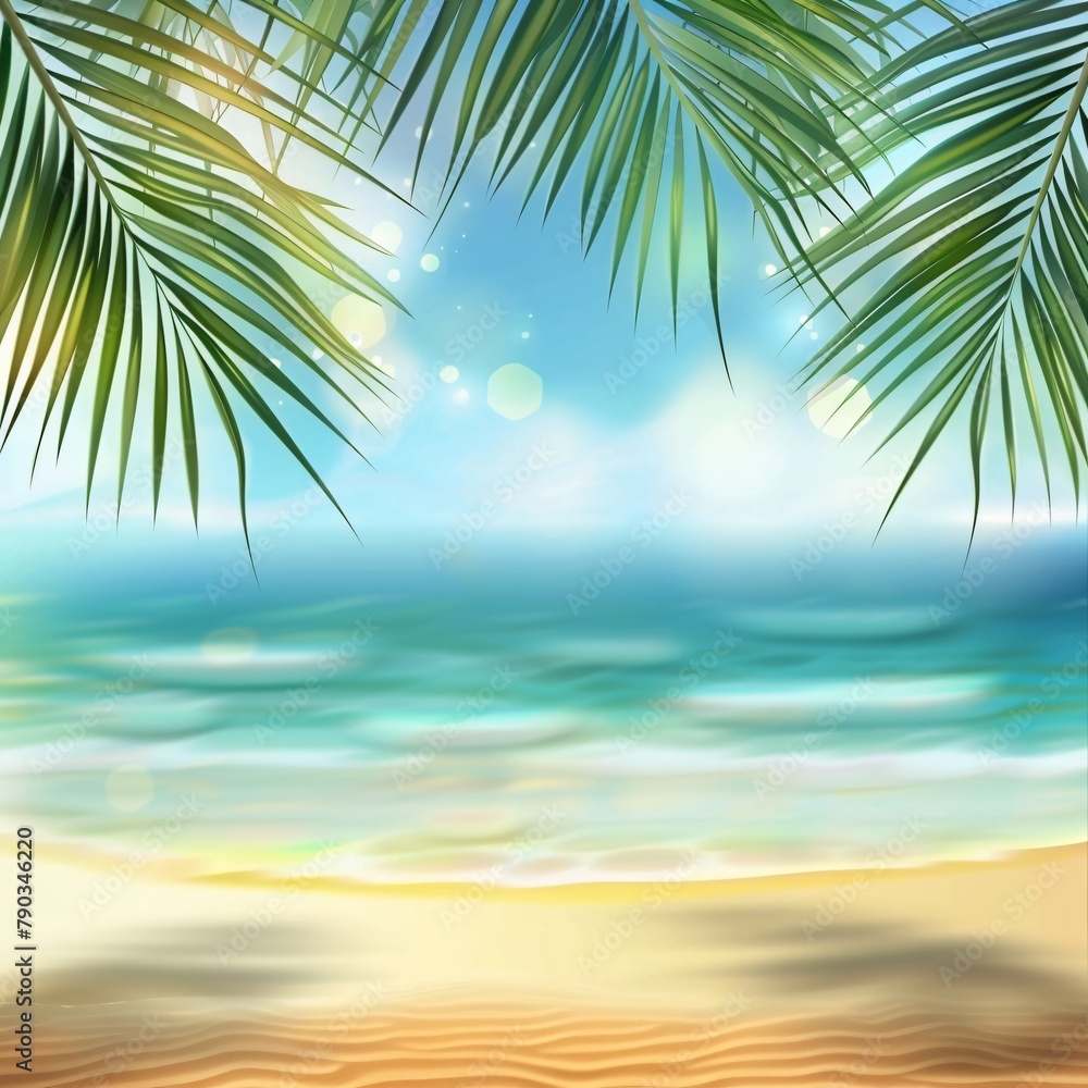 Tropical beach background with palm leaves and sandy shore 