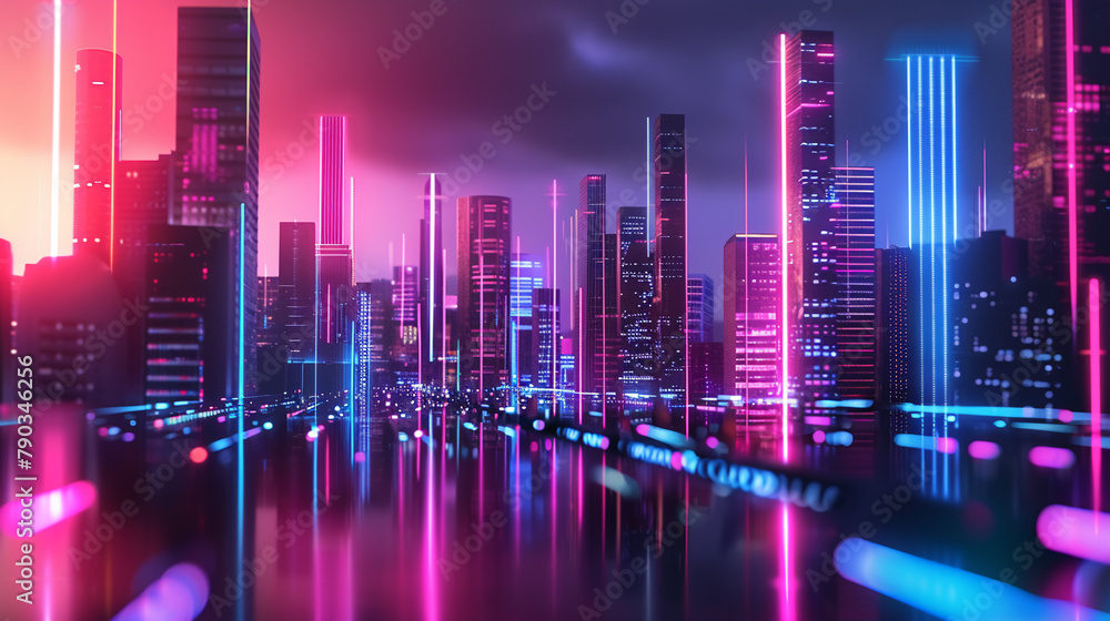 Futuristic urban skyline, neon lights, 3D perspective