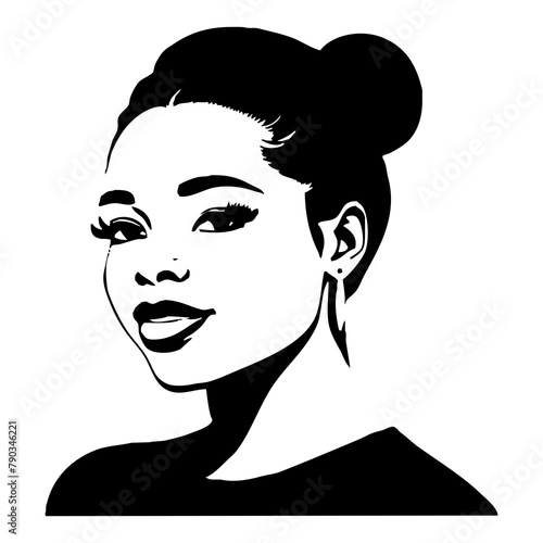 Fictional female character. Black and white illustration. Logo design for use in graphics. Generated by Ai