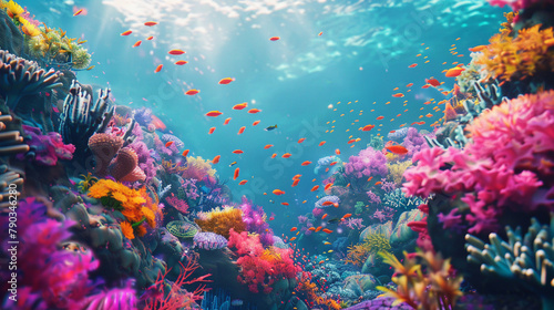 Vibrant underwater coral reef scene, colorful marine life, 3D © elbanco