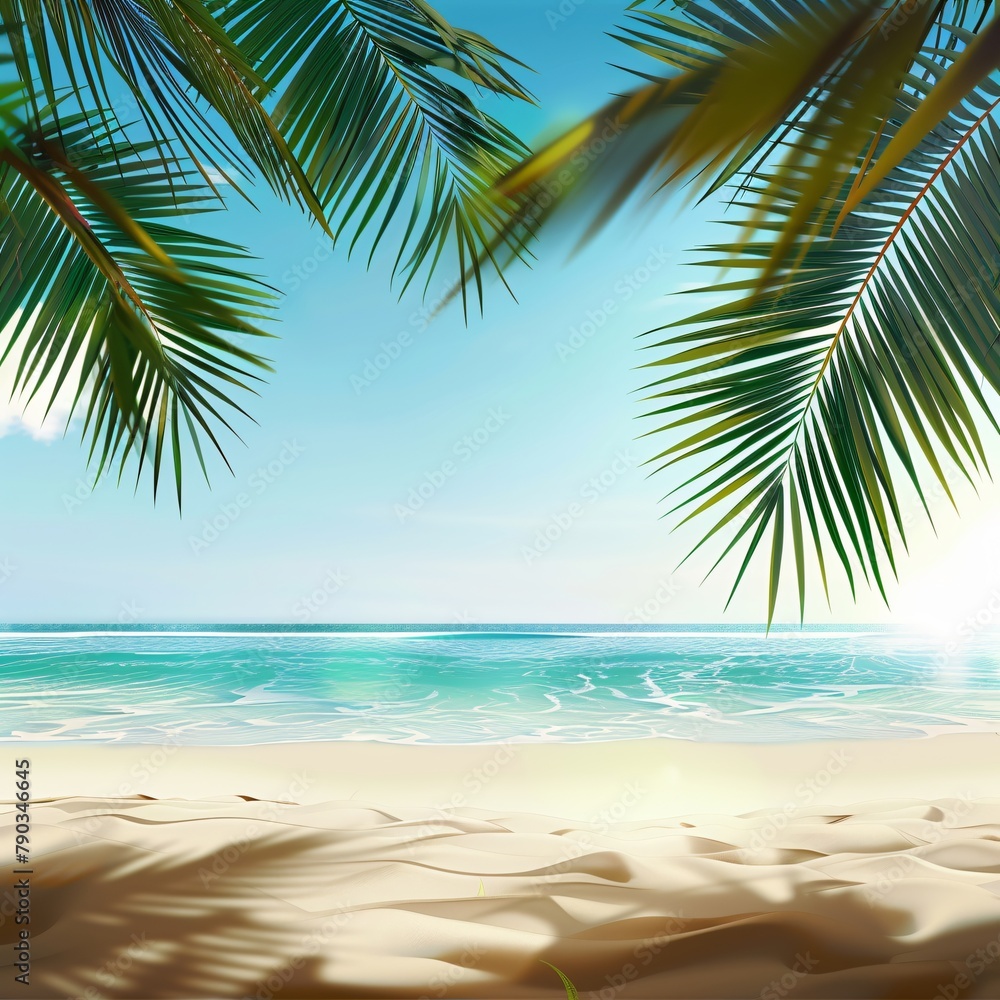 Tropical beach background with palm leaves and sandy shore 